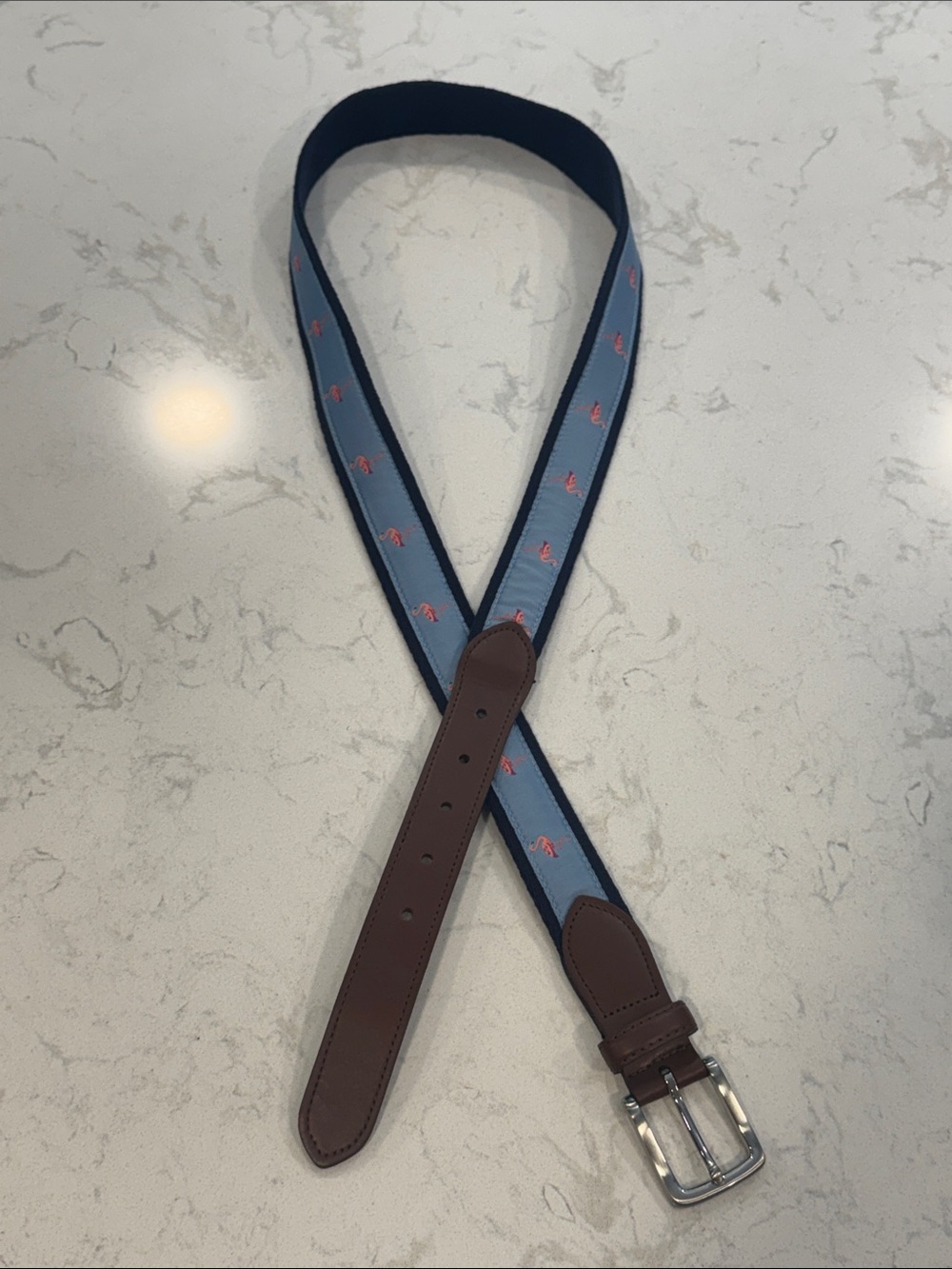 Men's Light Blue Flamingo Webbed Belt with Brown Faux Leather Trim - XL 42-44
